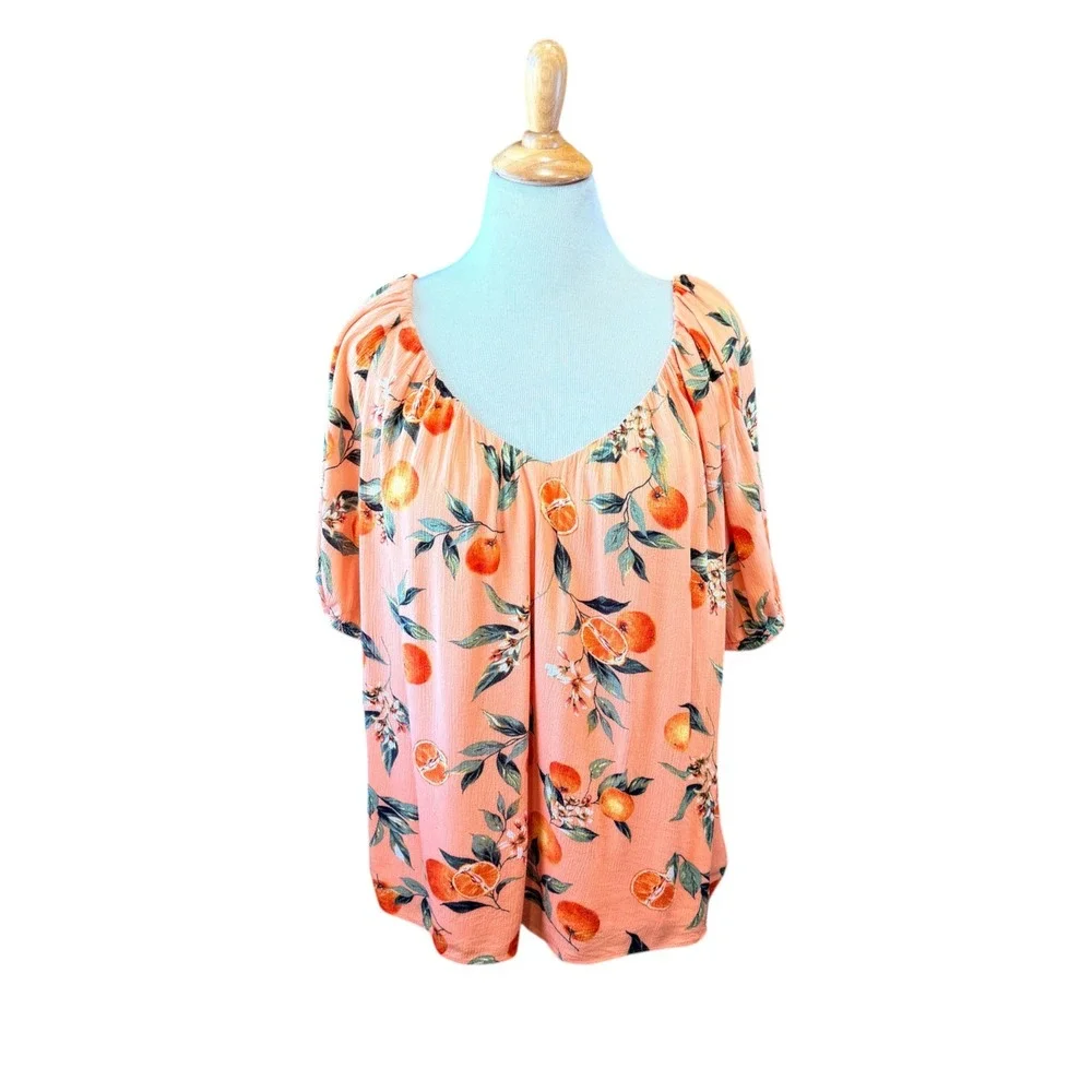 Loft Peach Orange Citrus Floral V-Neck Puff Sleeve Boho Cottagecore Blouse XL